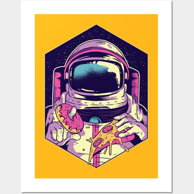 Astronaut Eating Donuts and Pizza in Space Artwork Wall Art by Artistic muss